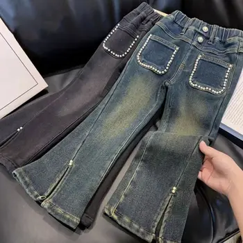 Расклешенные брюки для девочек Весенне-осенняя новинка Корейского выпуска, модные и сверхмягкие джинсы Slim Fit для подростков
