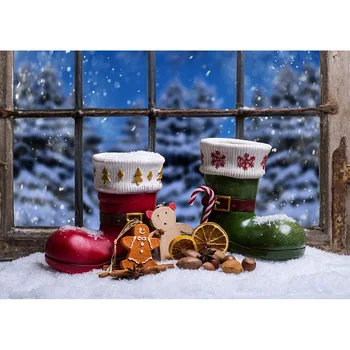 Рождественские ботинки, окно, Снежное боке, фотографические фоны, фон для фотостудии с компьютерной печатью для ребенка, домашнее животное