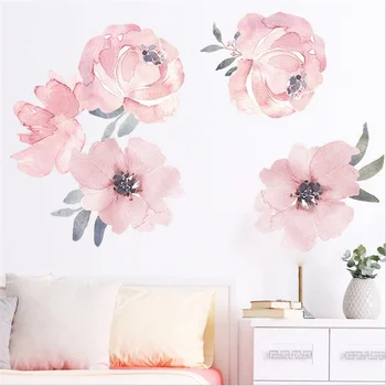 Розовые Акварельные цветы Пиона Наклейки на стену для детской комнаты Гостиная Спальня Украшение дома Наклейка на стену Домашний декор Цветочный
