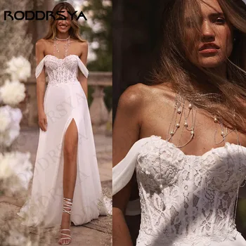 Свадебное платье RODDRSYA в стиле Бохо с открытыми плечами, Элегантное Кружевное платье Трапециевидной формы с вырезом в виде сердечка, Шифоновое платье невесты с разрезом, Vestidos De Novia