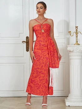 Сексуальные оранжевые платья Макси с цветочным принтом, летние элегантные платья без рукавов с белой кисточкой, праздничное платье знаменитости на день рождения