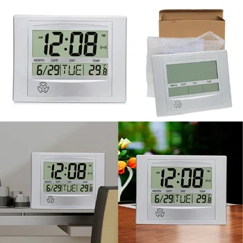Серебряные Цифровые настенные часы Atomic Настольный будильник Большой дисплей Календарь на батарейках Настенные Палочки Часы температуры домашнего офиса