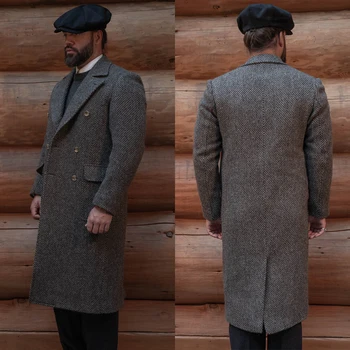 Уникальное мужское Длинное пальто, Двубортное Теплое Шерстяное пальто с карманами, сшитое на каждый день в деловом стиле