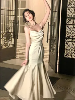 Франция Элегантное вечернее платье Русалки для вечеринки, Летнее Женское винтажное платье без рукавов с оборками на бретелях, Корейская модная одежда