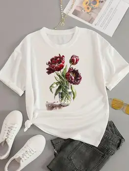 Футболка с коротким рукавом, женская верхняя одежда с принтом, женская футболка, сладкий цветок, тренд 90-х, модная повседневная одежда, графические футболки