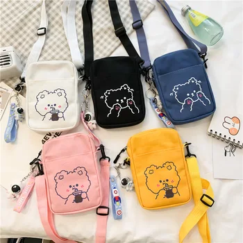 Холщовая женская сумка, модная простая сумка для мобильного телефона с медведем и кроликом, Корейская литературная сумка через плечо для девочек, летняя новинка